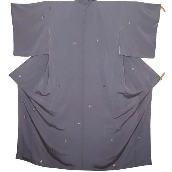 Japanese Kimono Silk Houmongi Vintage Solid Gray Embroidery 59in - Picture 3 of 10